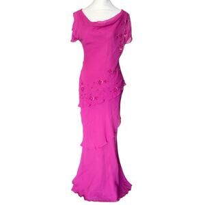 VTG Scala Silk Beaded Ruffle Maxi Gown Fushia Pink Beaded Asymmetrical Fairy
